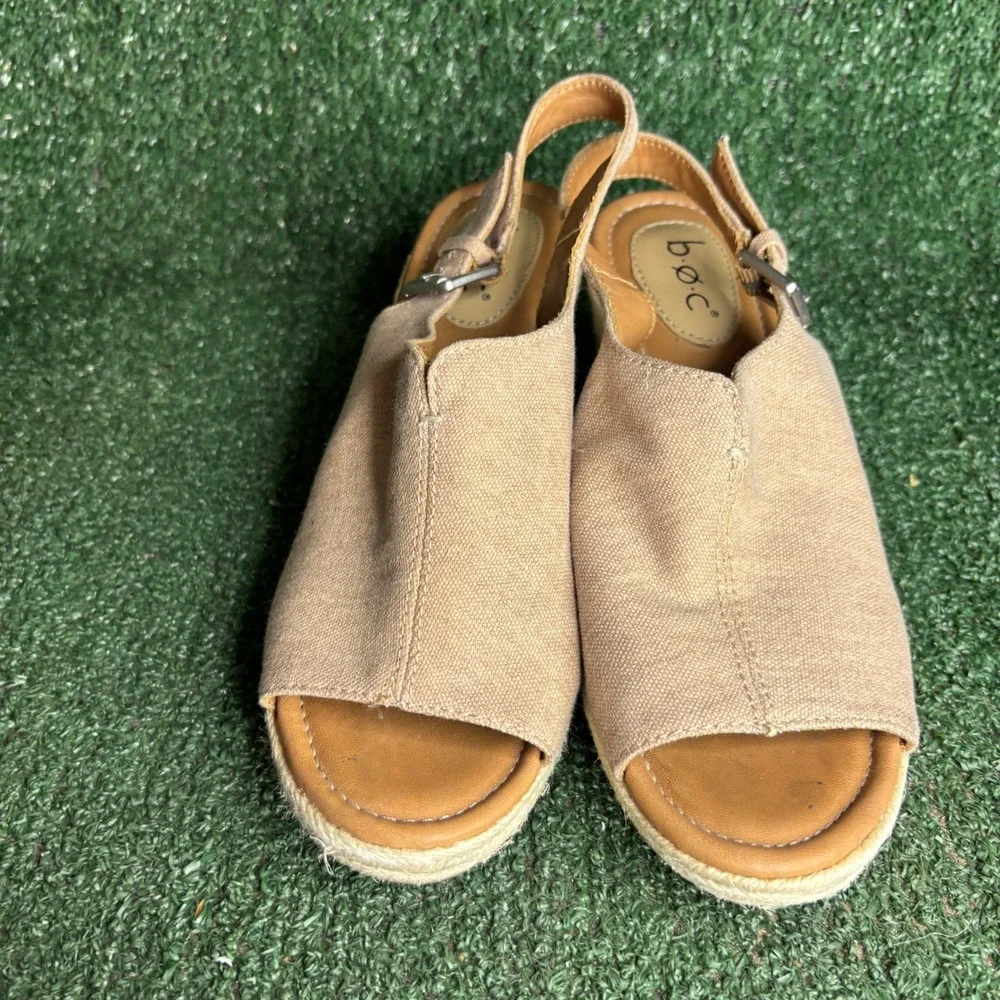 b.o.c. Born Concept Z31311 Canvas Espadrille Wedge Sandal Tan Beige Womens Sz 7M